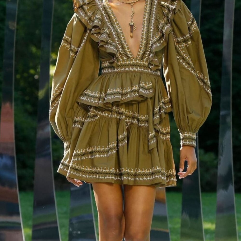 NWOT Women's Ulla Johnson Anais Ruffle V-Neck Mini Dress in Olive XS $745